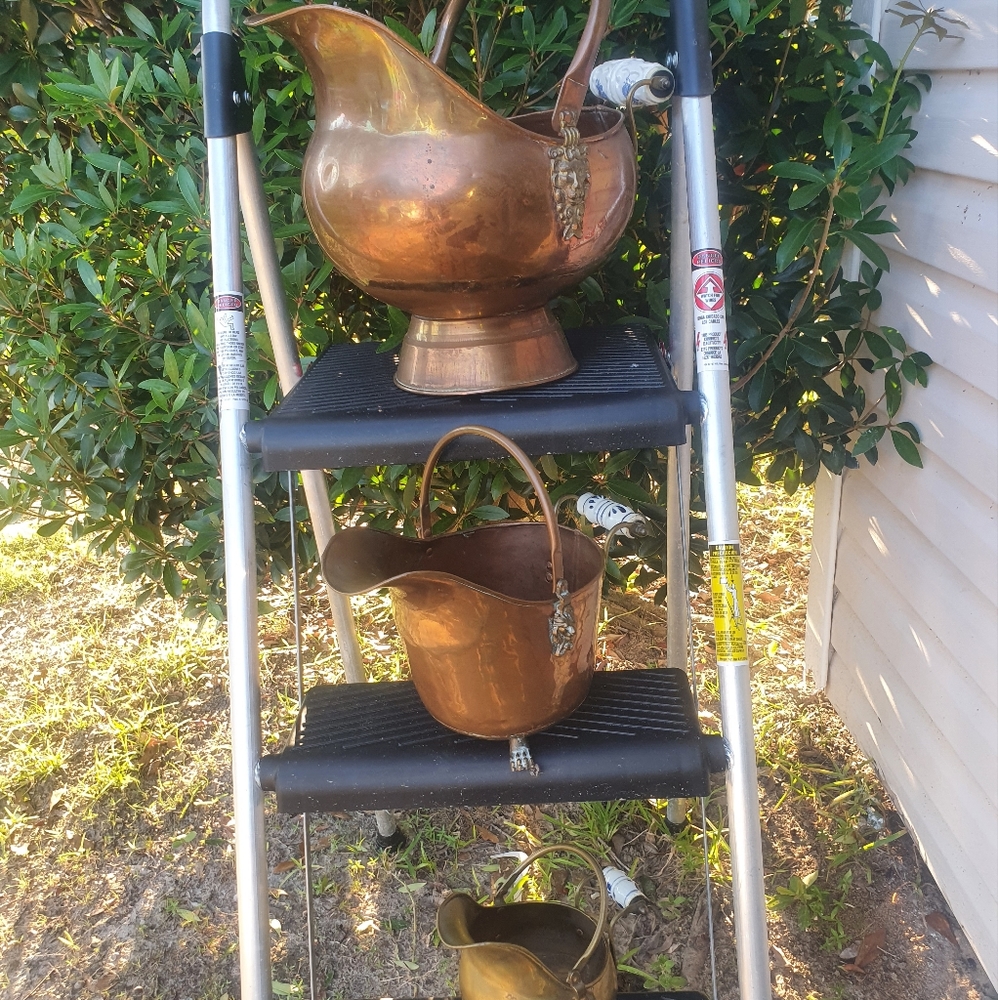 (3)  Brass and Cooper Bucket with  Delft Porcelain Handles Lion Head  on handles